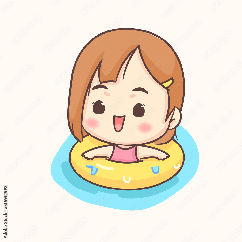 Cute girl swimming with rubber ring. Summer holidays and vacation. Chibi cartoon character. Flat vector illustration Cute girl swimming with rubber ring. Summer holidays and vacation. Chibi cartoon character. Flat vector illustration