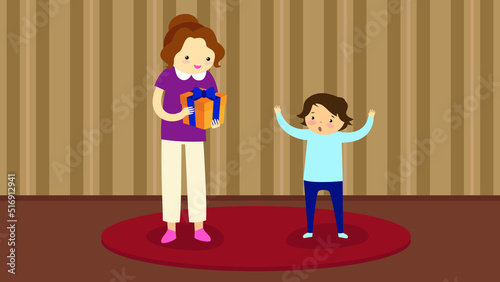 The boy rejoices at the gift from his mother