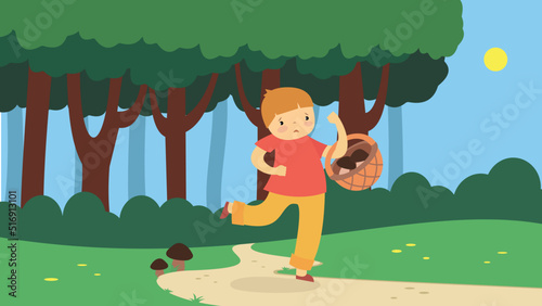 Girl picking mushrooms in a basket in the forest