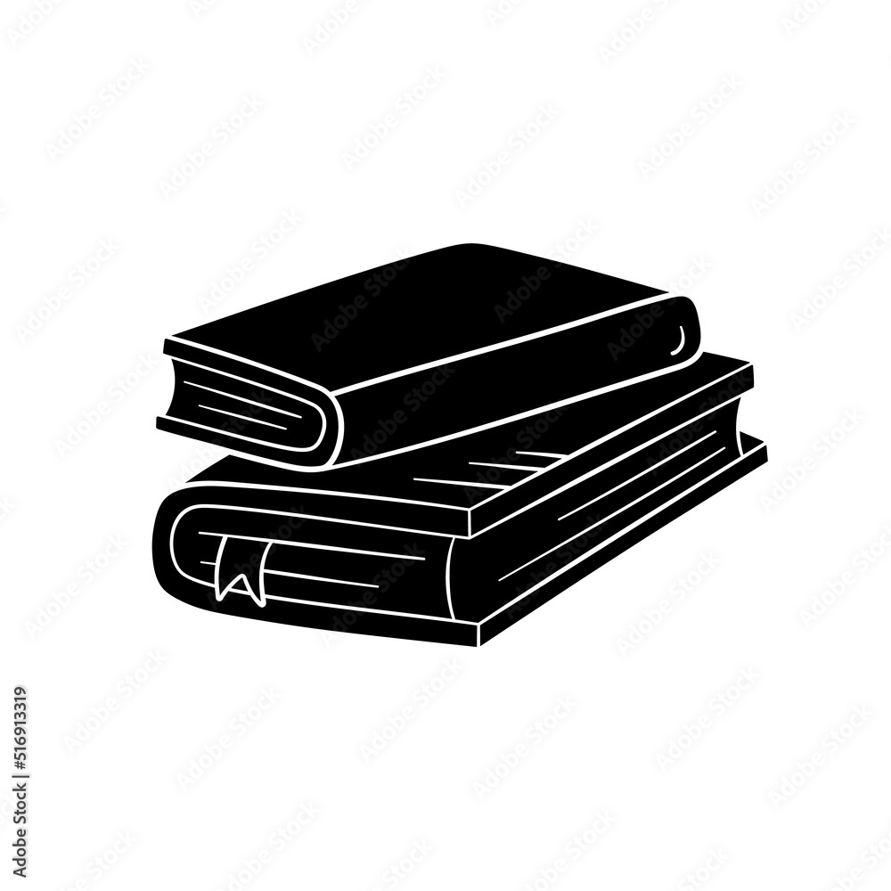 Book in simple style, vector illustration. Icon of book silhouette stack with ribbon for print and design. Isolated element on a white background. Back to school concept, hand drawn graphic sketch Book in simple style, vector illustration. Icon of book silhouette stack with ribbon for print and design. Isolated element on a white background. Back to school concept, hand drawn graphic sketch