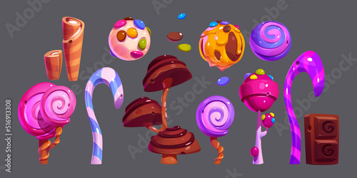 Fantasy sweets, candies, chocolate and waffle tubes for game ui design. Vector cartoon set of fantastic trees with cake pops, caramel and candy canes isolated on background