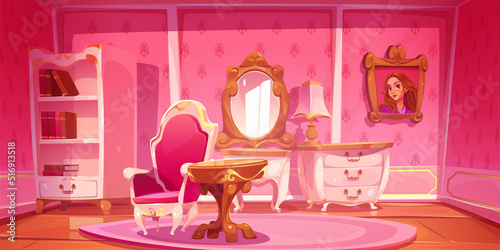 Pink princess room in palace or castle. Vector cartoon illustration of luxury interior with antique furniture in baroque style, dressing table, mirror, chair, bookcase and girl portrait
