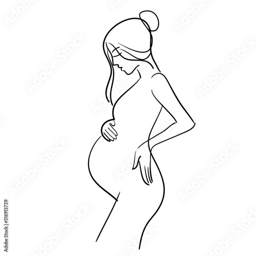 Sketch of  beautiful woman in profile. Continued One line  art pregnant belly woman illustration background skecth drawing.