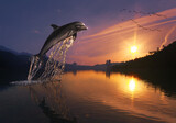 3d rendering of a playfull bottlenose dolphin jumping out of the sea in a dreamful peaceful sunset 