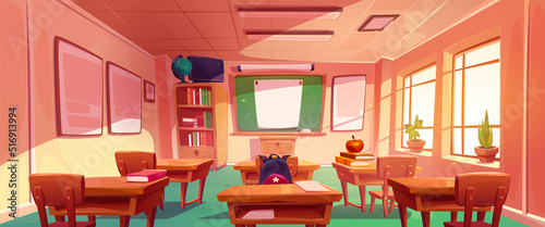 School classroom with green chalkboard, wooden tables and chairs, bookcase, globe and tv. Vector cartoon illustration of empty class interior with white blank poster on blackboard