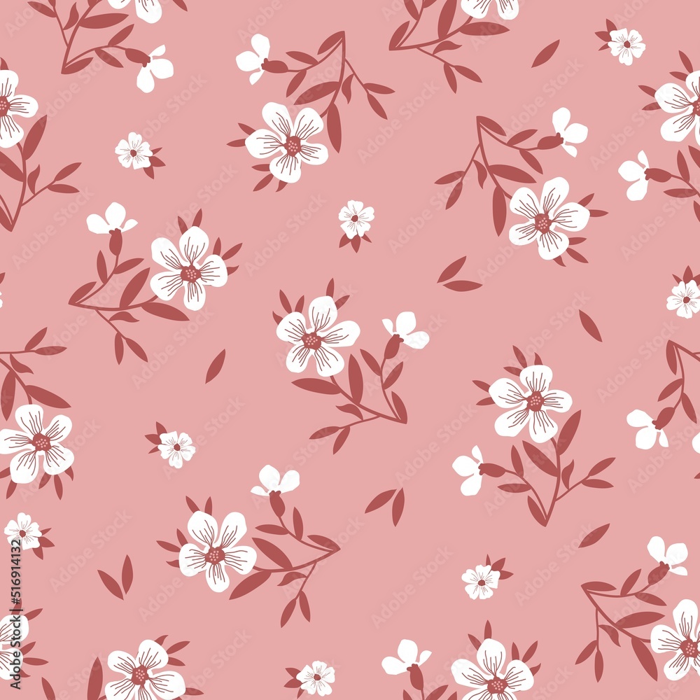 Simple vintage pattern. wonderful
white flowers, dark pink leaves. pink background. Fashionable print for textiles and wallpaper.