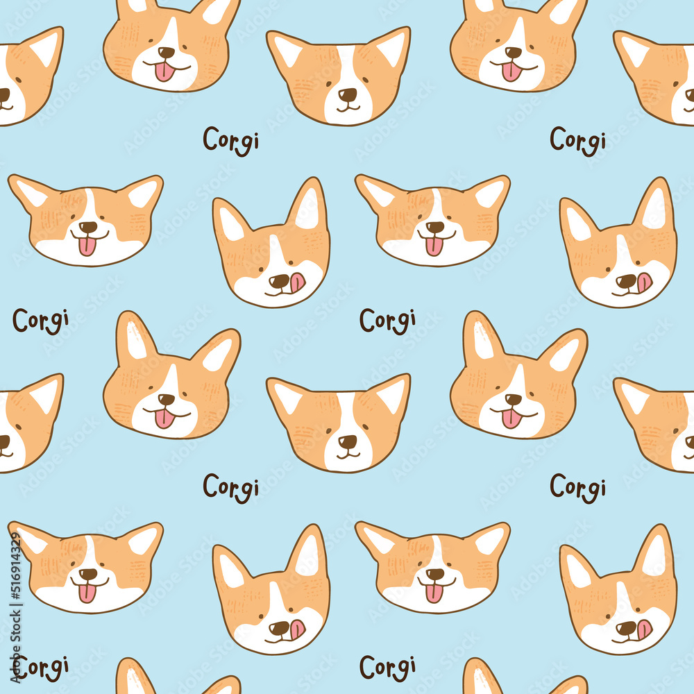 Seamless Pattern with Cartoon Corgi Dog Face Design on Light Blue Background