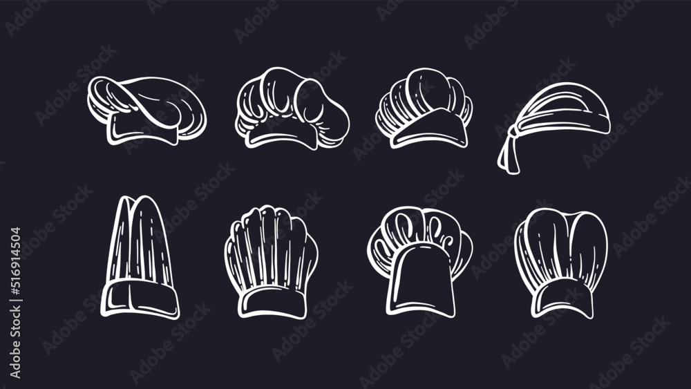 Chef, cook caps set. Vector engraving, sketch Chef, cook caps set. Vector engraving, sketch