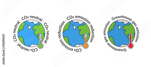 CO2 emission reduction icon set. Colorful cartoon style outline planet Earth with thermometer. Global warming, greenhouse gas emission, zero carbon footprint concept. Vector illustration.