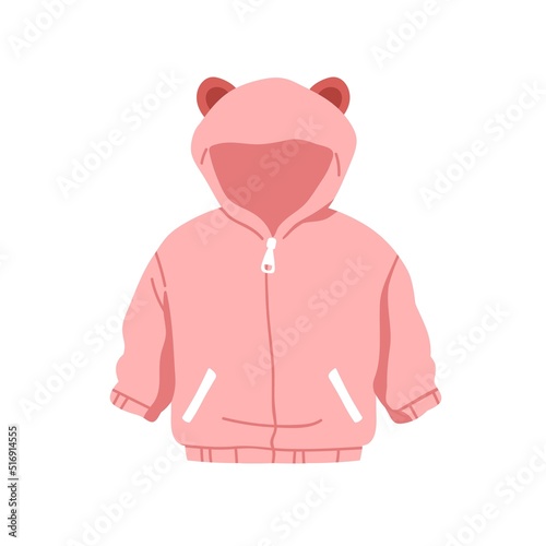 Kids hooded jacket. Girls soft fleece apparel for winter, cold weather with zipper closure, hoodie with bear ears. Toddlers sweatshirt. Flat vector illustration isolated on white background