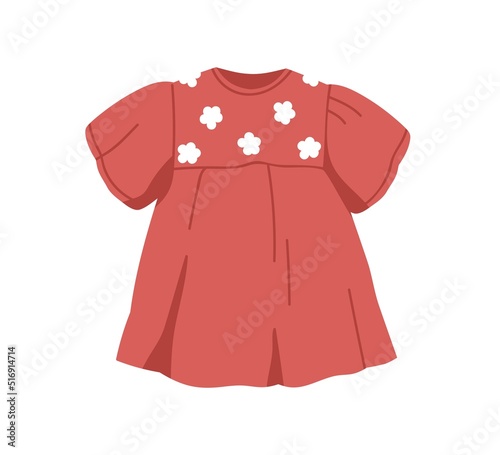Kids summer dress. Girls childs clothes decorated with flowers. Little girly apparel, fashion wearing. Modern girlish childish garment. Flat vector illustration isolated on white background
