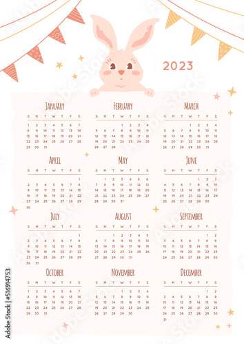 Calendar 2023 one page. Poster with months dates and cute rabbit head, decorative bunting, stars on white background. Desk or wall poster, print. Vector illustration with symbol of New Year bunny