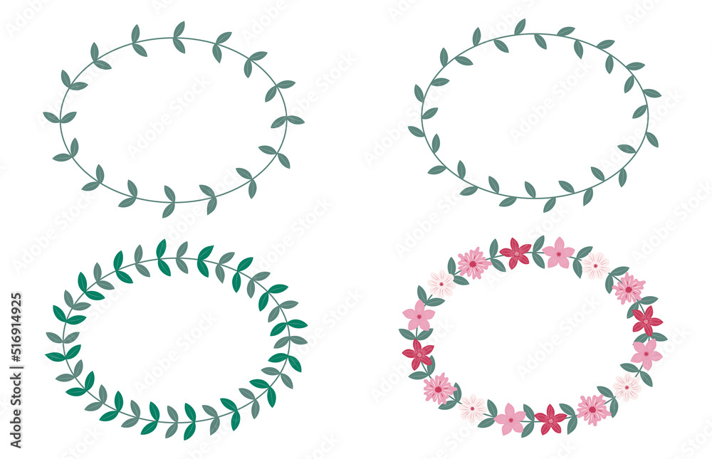 Floral set wreaths from flowers, green leaves and branches. Elements for invitation, greeting cards, decorations