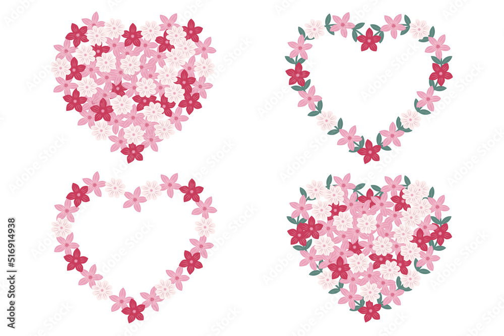 Floral set wreaths in heart shape from flowers, green leaves and branches. Elements for invitation, greeting cards, decorations