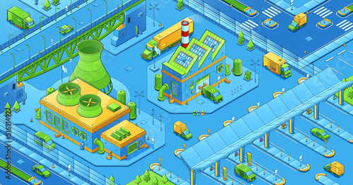 Isometric city infrastructure, megalopolis industrial and urban architecture buildings, transport refueling station, plants, cars driving at roads with zebra and signs, 3d vector line art illustration