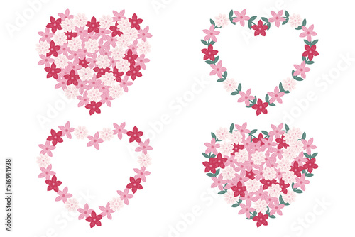 Floral set wreaths in heart shape from flowers  green leaves and branches. Elements for invitation  greeting cards  decorations