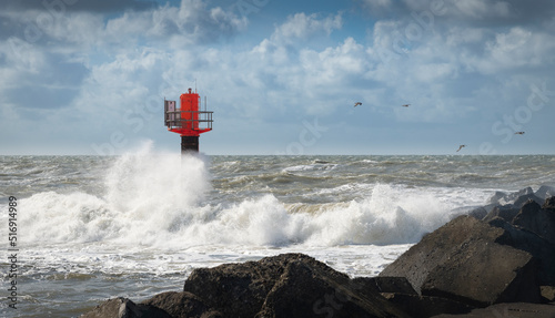 Fotografie, Obraz Waves on lighthouse