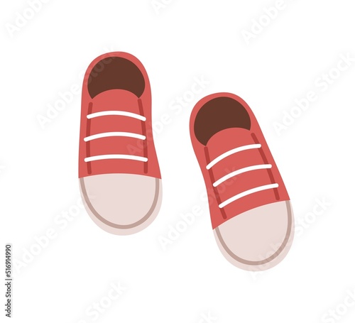 Kids sneakers for little foot. Sports shoes pair for children. Childish footwear. Modern toddlers casual trainers with laces. Flat vector illustration isolated on white background