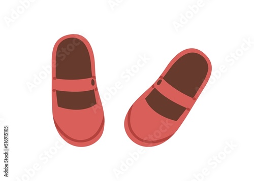 Girls shoes with closed toe and strap. Summer childs foot wear. Kids girly footwear pair, top view. Casual toddlers footgear. Flat vector illustration isolated on white background