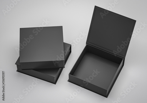 Black blank hard cardboard square rectangular book box mock up template for branding presentation, 3d render