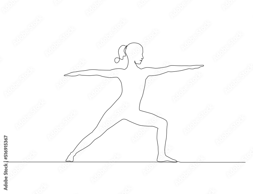 continuous single line drawing of woman in warrior yoga pose, line art vector illustration continuous single line drawing of woman in warrior yoga pose, line art vector illustration