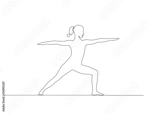 continuous single line drawing of woman in warrior yoga pose, line art vector illustration