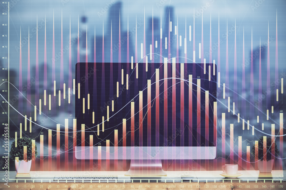 Forex market graph hologram and personal computer on background. Double exposure. Concept of investment. Forex market graph hologram and personal computer on background. Double exposure. Concept of investment.