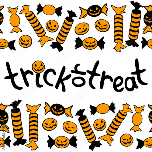 Trick or treat -lettering in frame of candy in different wrappers in Halloween style. Horizontal top and bottom edging, border of sweets. Background for guising, invitation, party poster