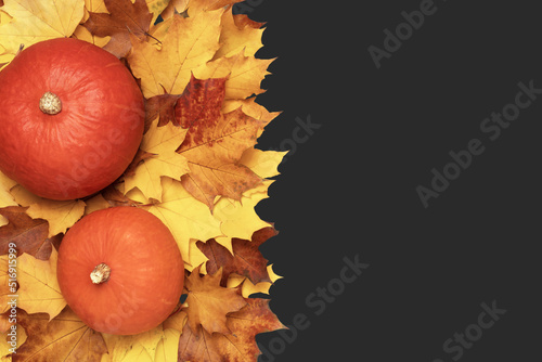 Autumn composition with fallen maple leaves and pumpkins on black background.