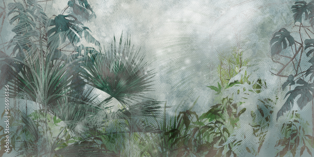 tropical plants on a textural background in dark colors art drawing photo wallpaper in the interior