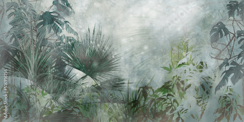 Fototapeta narysowane duże tropikalne liście na teksturowym tle
