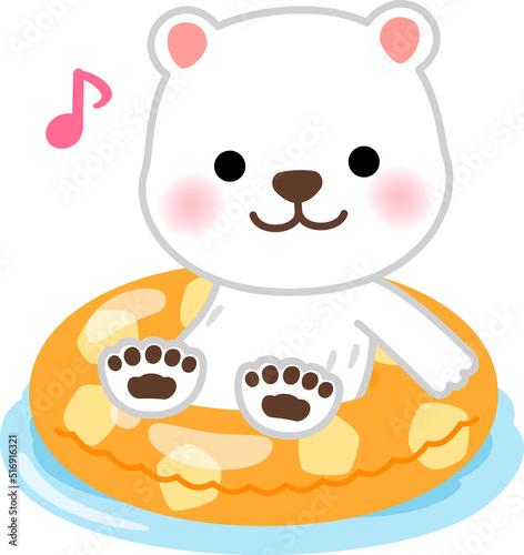 浮き輪に座って浮くシロクマのキャラクター
