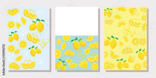 Set of Lemon fruits Frames. Fresh Lemon fruits decoration pattern frame collection. Green and yellow fresh lemon pattern decoration templates. Vector illustration.
