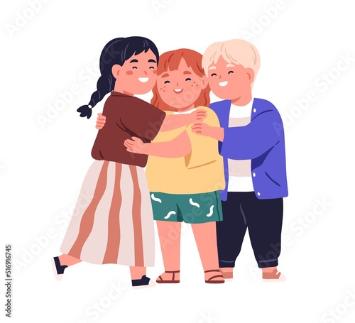 Happy smiling kids hug. Excited positive small children friends embracing. Cute little kindergarten girls and boy standing together portrait. Flat vector illustration isolated on white background