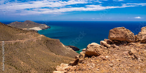 Panoramic View from Vela Blanca Volcanic Dome, Cabo de Gata-Níjar Natural Park, UNESCO Biosphere Reserve, Hot Desert Climate Region, Almería, Andalucía, Spain, Europe