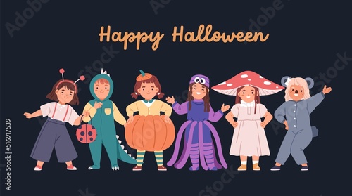 Happy Halloween card, banner background with kids disguised in party costumes. Children on October holiday night. Smiling kindergarten boys and girls friends. Colored flat vector illustration