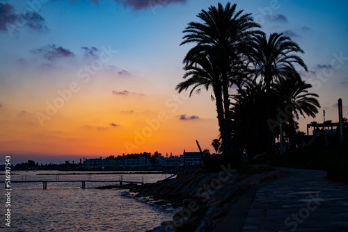 Kato Paphos  Cyprus  June 2022. Sunset on the Harbour street.