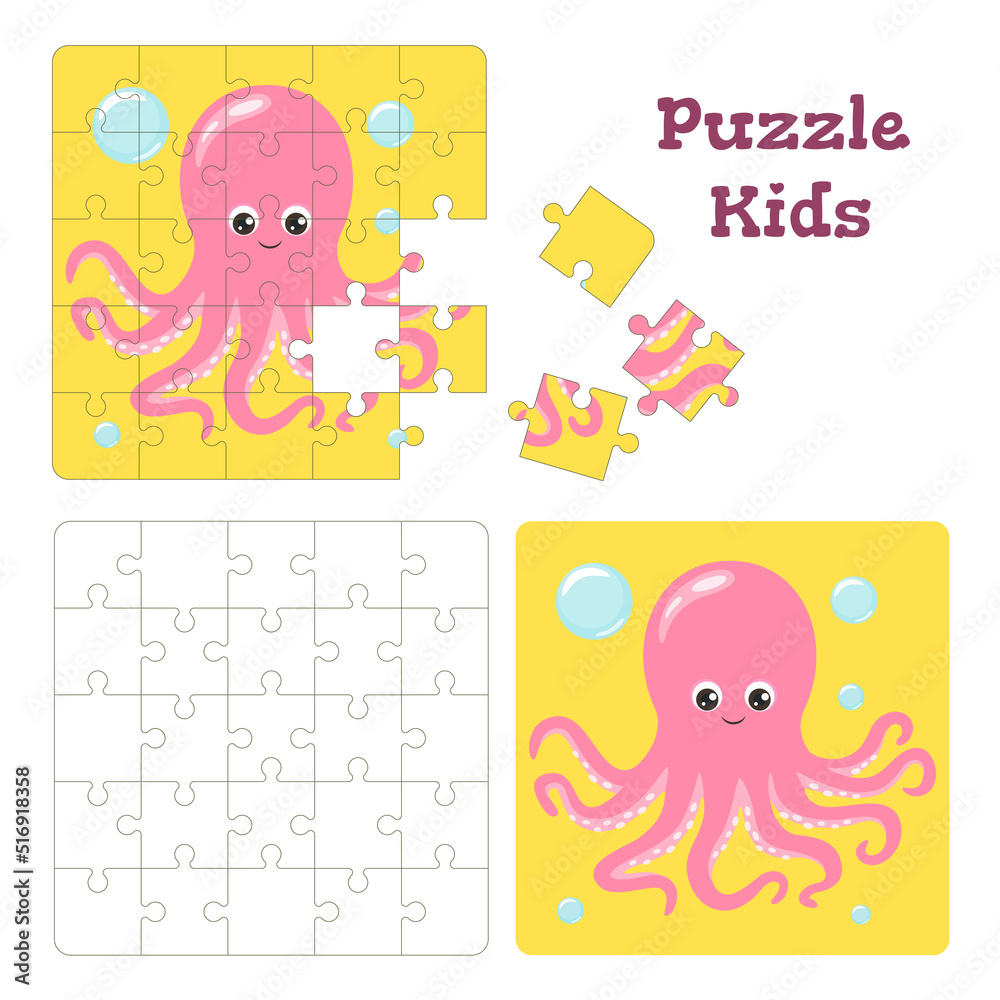 Fototapeta premium Jigsaw puzzle kids game. Cartoon vector illustration in flat style. Educational game for preschool children with cute octopus.