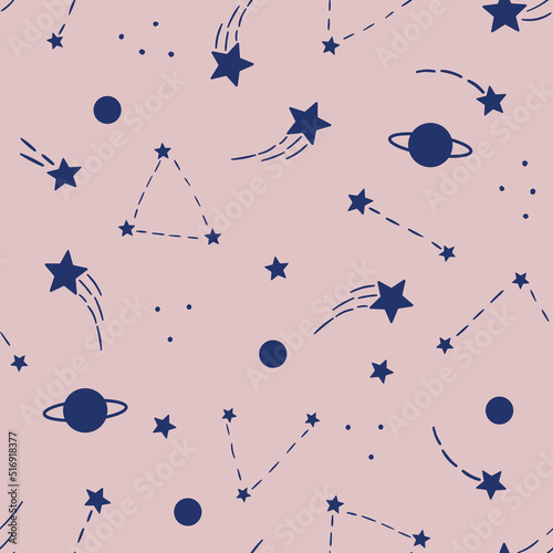 Pink and blue celestial seamless vector pattern