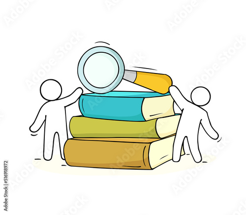 Doodle people, world globe map and books