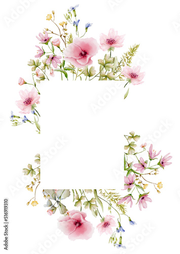 Watercolor wild flowers frame with hand painted filed flowers and herbs