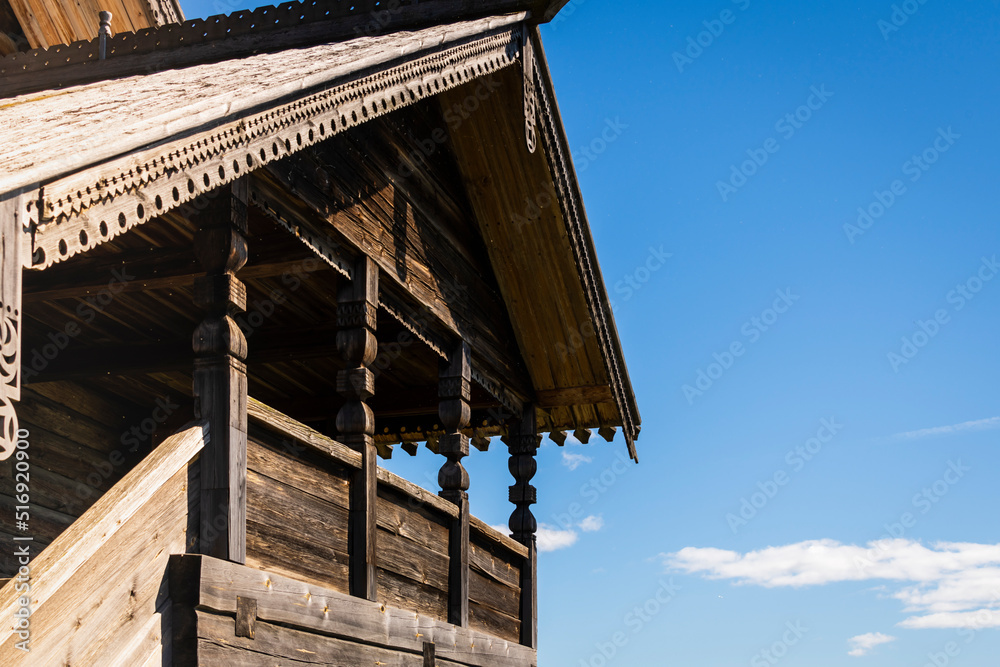 Obraz premium Open-air museum-reserve on Kizhi island in Lake Onega. Monuments of wooden architecture: churches and a bell tower. Kizhi Island, Karelia, Russia. Russia tourism concept