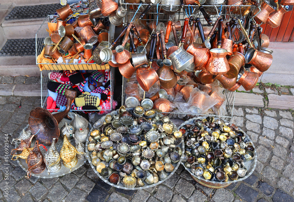 Oriental copper goods on the street market in Ankara, Turkey	
