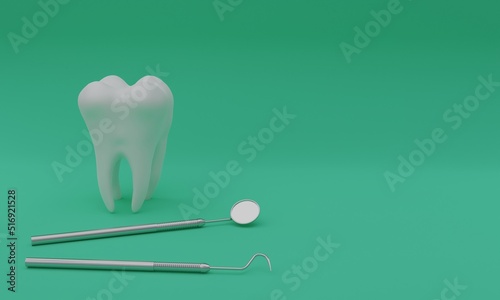 3d illustration, dental piece and dental instruments, oral care concept, green background, 3d rendering