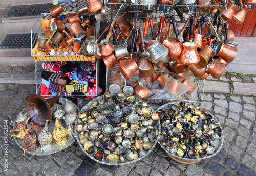 Oriental copper goods on the street market in Ankara, Turkey 