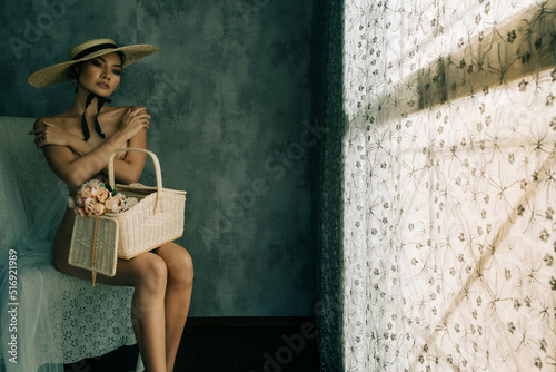 beautiful girl asian  standing naked body standing sexy pose in an empty room vintage sexy poses