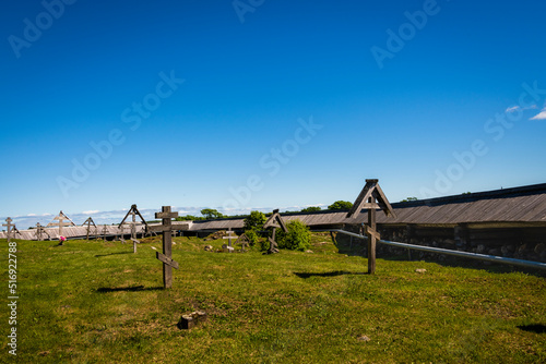 Old Orthodox cemetery with wooden crosses. Churchyard in the museum-reserve on Kizhi Island in Lake Onega, Karelia Russia. The concept of tourism in Russia