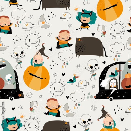 Seamless Pattern with Cartoon Crazy Monsters and Kids meeting Halloween