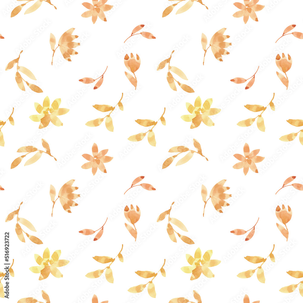 Simple autumn watercolor pattern of leaves and flowers for wallpaper, textile, packaging Simple autumn watercolor pattern of leaves and flowers for wallpaper, textile, packaging