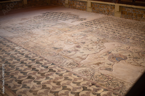 Ancient Greek floor mosaic in archaeologic park Kato Paphos, Cyprus.